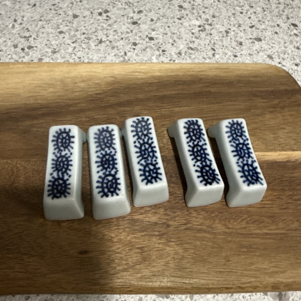 Vintage Japanese Porcelain Chopstick Rests Set of 5 Blue & White
